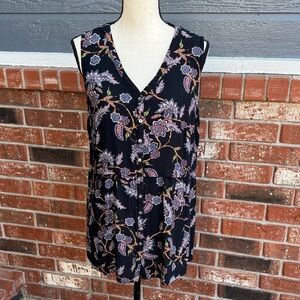 J. Jill Black Blue Floral V-Neck Rayon Tank Top Sleeveless Shell Medium M